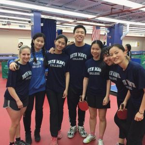 Bryn Mawr Ping Pong Club Team picture. L-R: Natalie Stern (post-bac), Vinty Guo '20, Maggie Zhong '20, Coach Dan, Alice Tang '18, me '18, Alice Zhu '20.